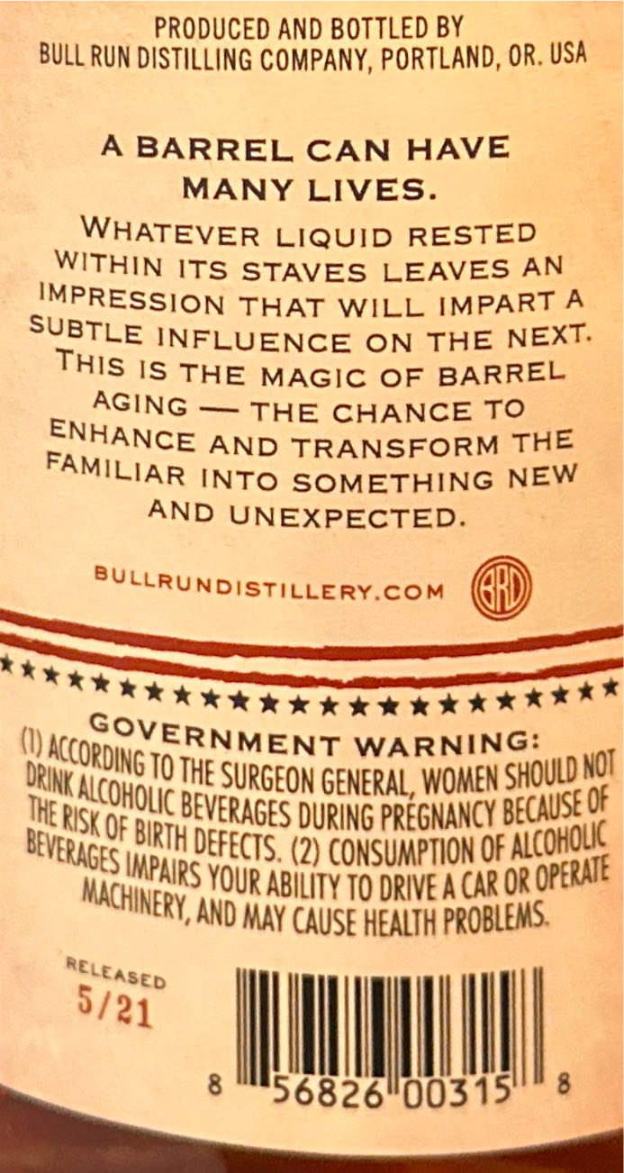 Bull Run American Whiskey 13 Years - Bull Run Distilling Co. (750 mL) alcohol collectible [Barcode 856826003158] - Main Image 2