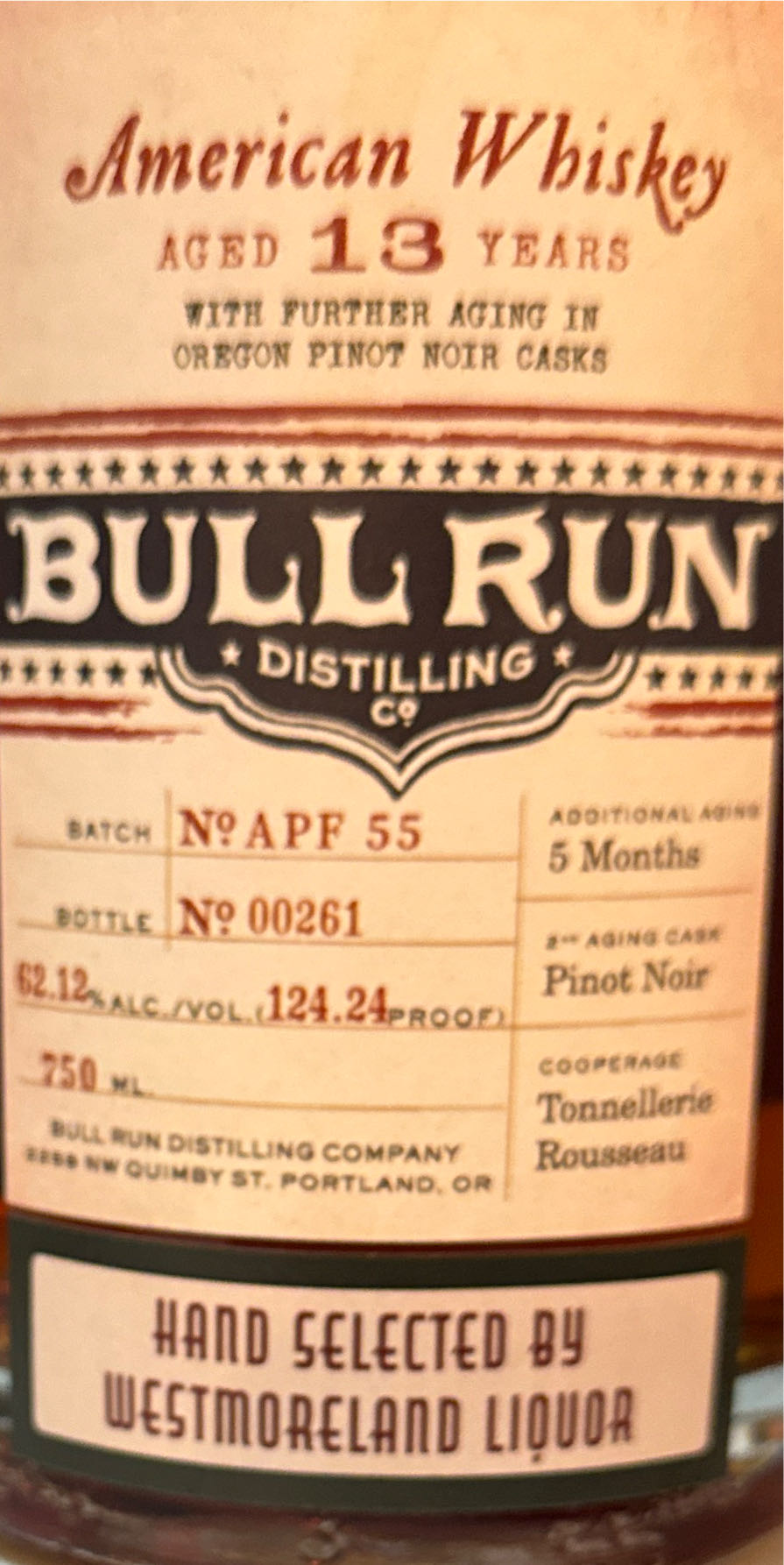 Bull Run American Whiskey 13 Years - Bull Run Distilling Co. (750 mL) alcohol collectible [Barcode 856826003158] - Main Image 3