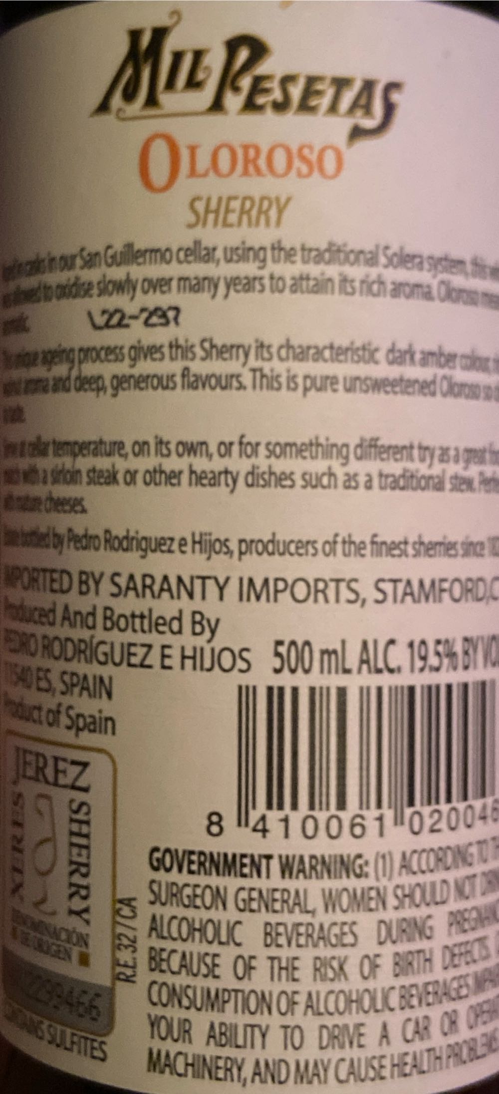 N.v. Pedro Rodriguez E Hijos Jerez Xérès Sherry Oloroso ...  alcohol collectible [Barcode 8410061020046] - Main Image 2