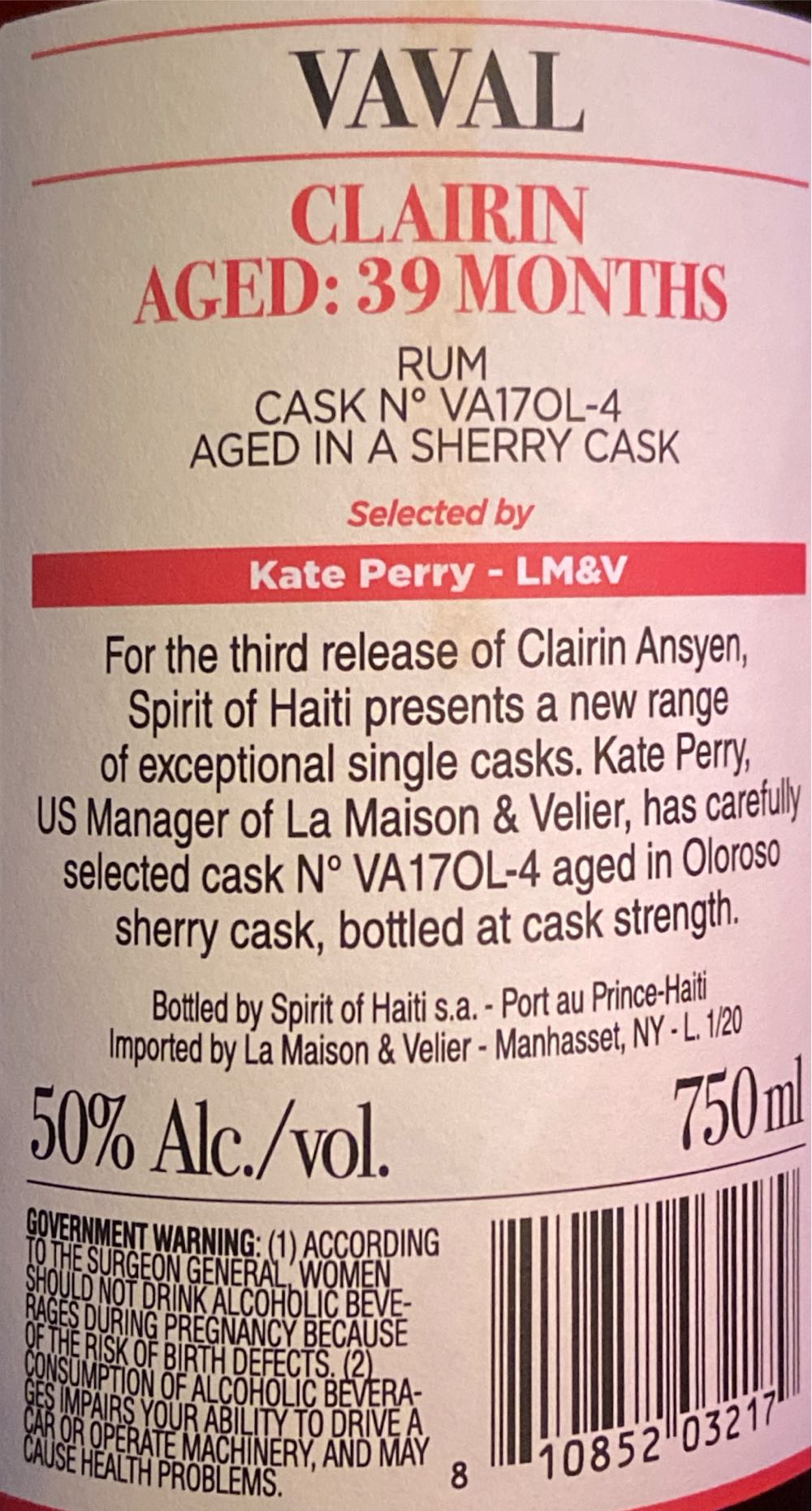Clarin Aged: 39 Months - Vaval alcohol collectible [Barcode 810852032179] - Main Image 2