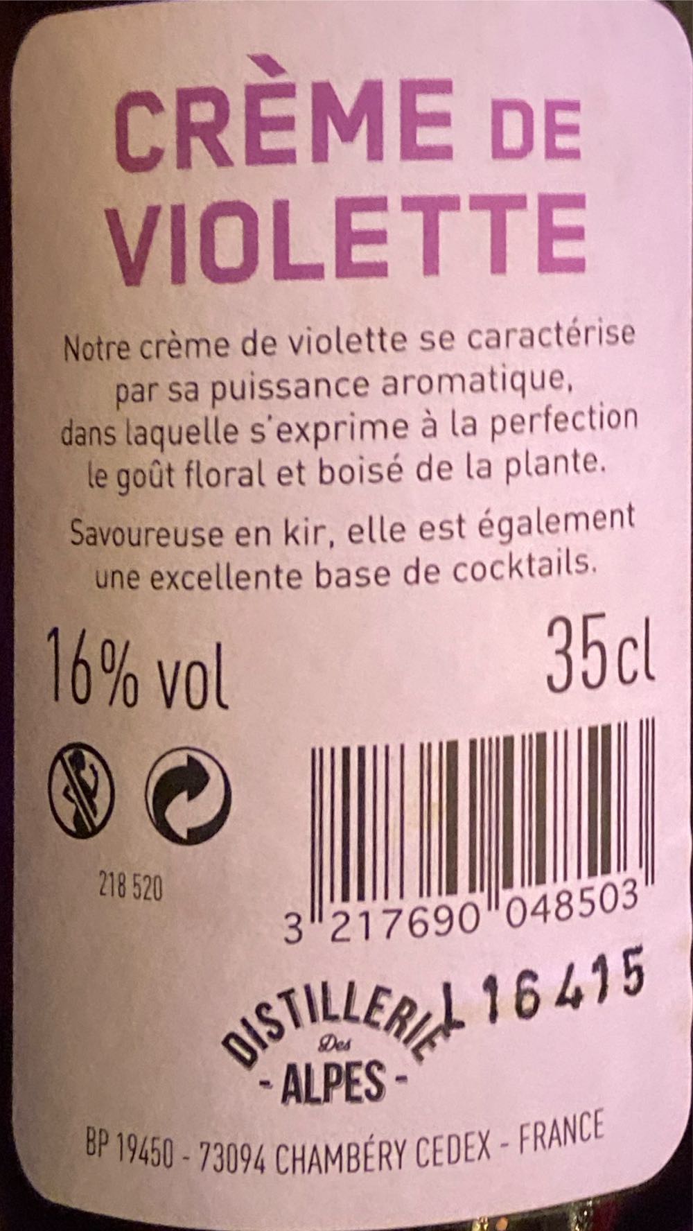Crème De Violette Open Food Facts - Distillerie des alpes alcohol collectible [Barcode 3217690048503] - Main Image 2
