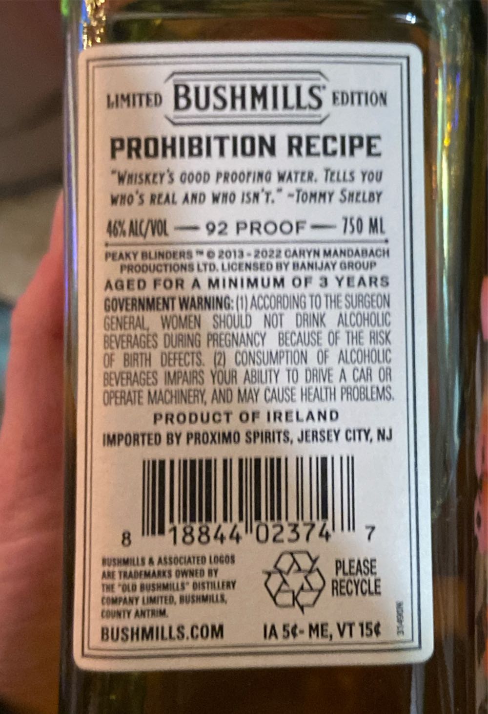 Bushmills Prohibition Recipe Irish Whiskey - Bushmills Distillery (750 mL) alcohol collectible [Barcode 818844023747] - Main Image 2