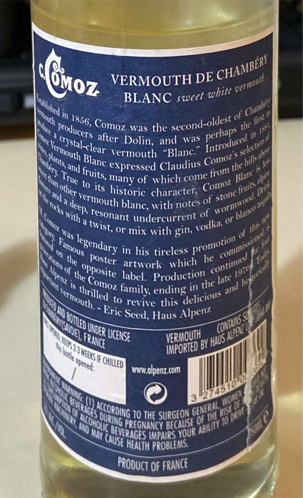 C. Comoz Vermouth De Chambery Blanc Vermouth Blanc De Chambéry  alcohol collectible [Barcode 3274510003692] - Main Image 2