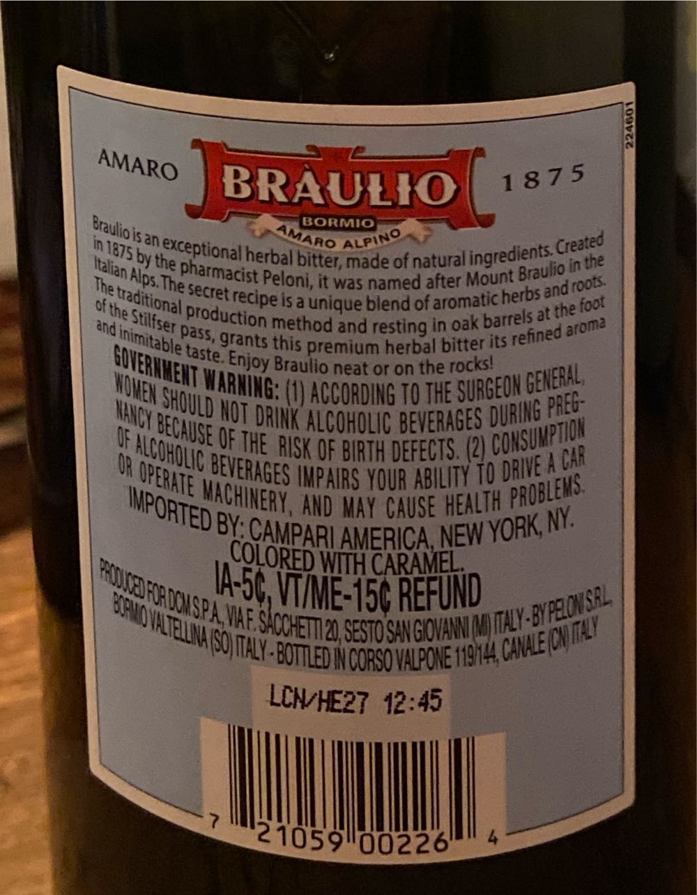 Braulio Amaro Alpino - Peloni S.R.L. (1 L) alcohol collectible [Barcode 721059002264] - Main Image 2