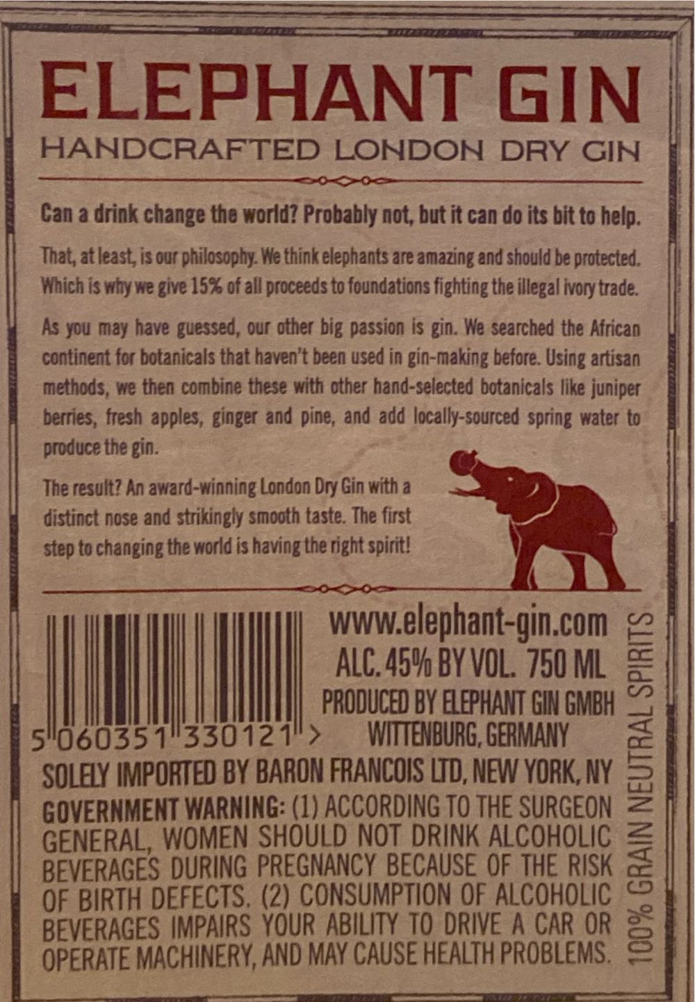 Elephant London Dry Gin - Elephant Gin GMBH alcohol collectible [Barcode 5060351330121] - Main Image 2