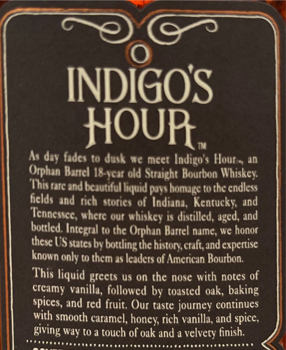Orphan Barrel - Indigo’s Hour 18 Yr - Orphan Barrel Distillery (750 mL) alcohol collectible [Barcode 082000805878] - Main Image 2