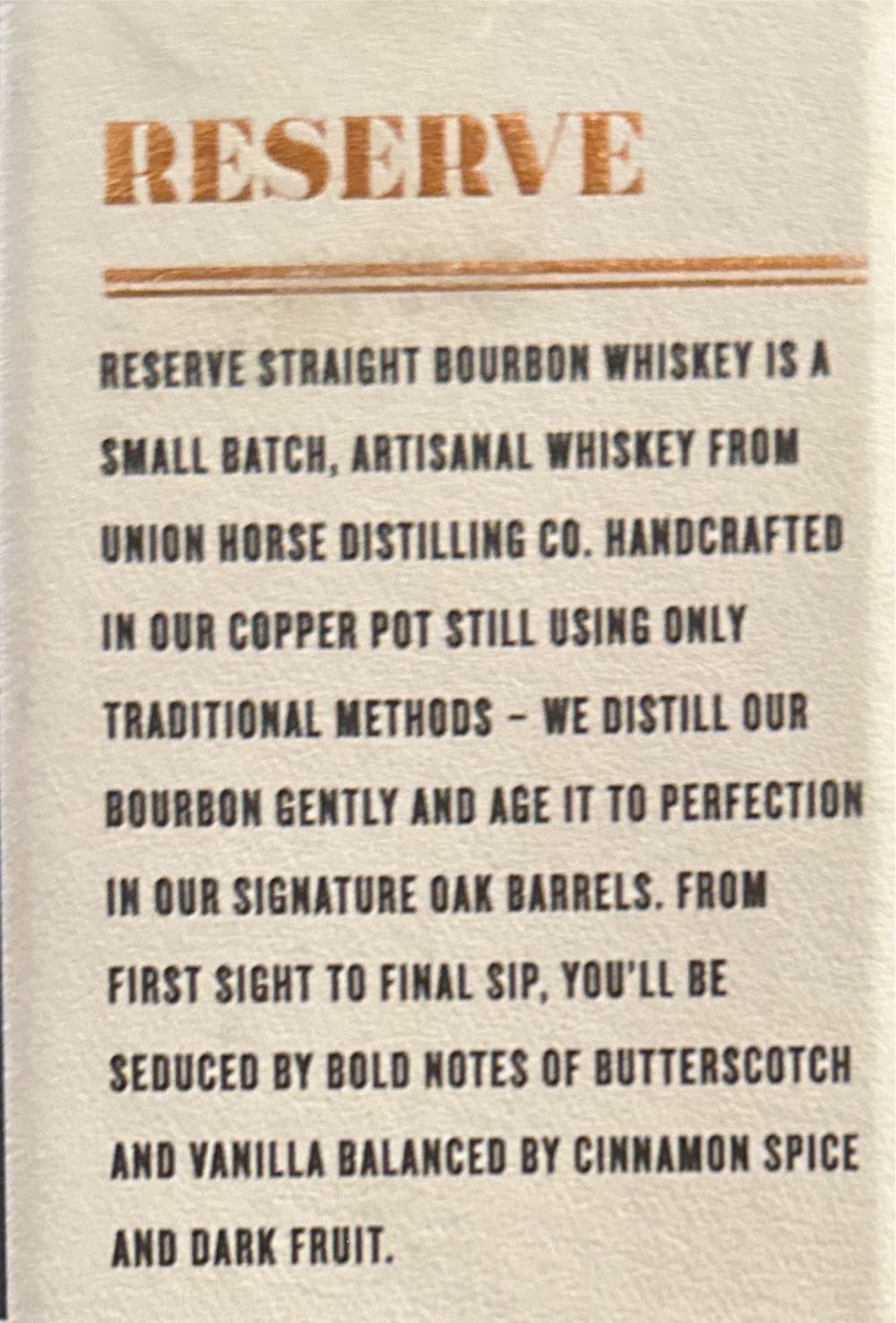 Union Horse Distilling Reserve - Union Horse Distilling Co. (750 mL) alcohol collectible [Barcode 850052370039] - Main Image 3