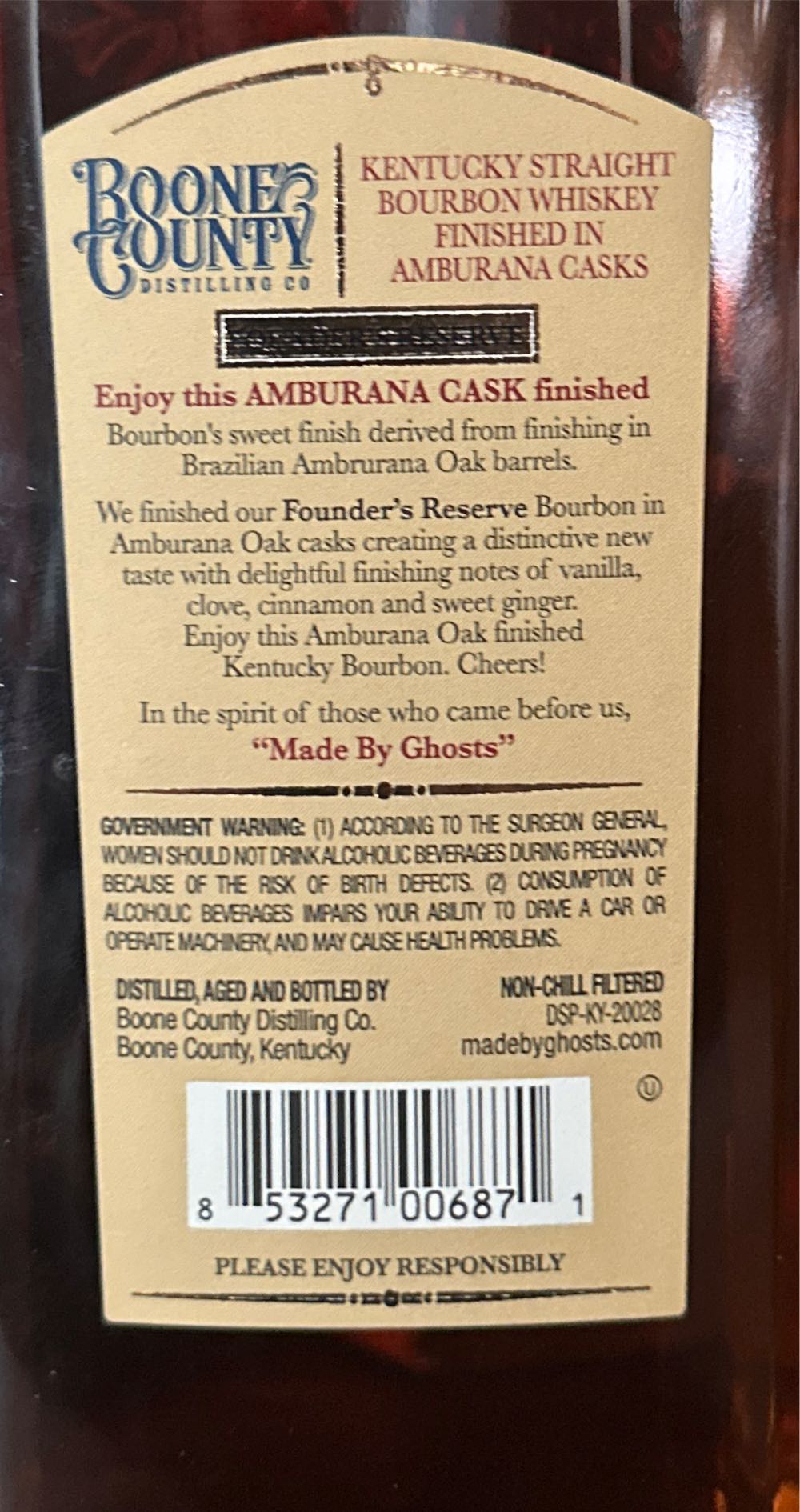 Boone County Founder Reserve Amburana Cast Finish - Boone County Distilling Co. (750 mL) alcohol collectible [Barcode 853271006871] - Main Image 2