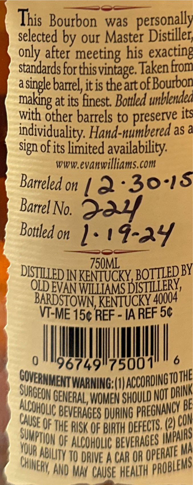 Evan Williams Single Barrel Vintage - Old Evan Williams Distillery, Bardstown, KY (750 mL) alcohol collectible [Barcode 096749750016] - Main Image 2