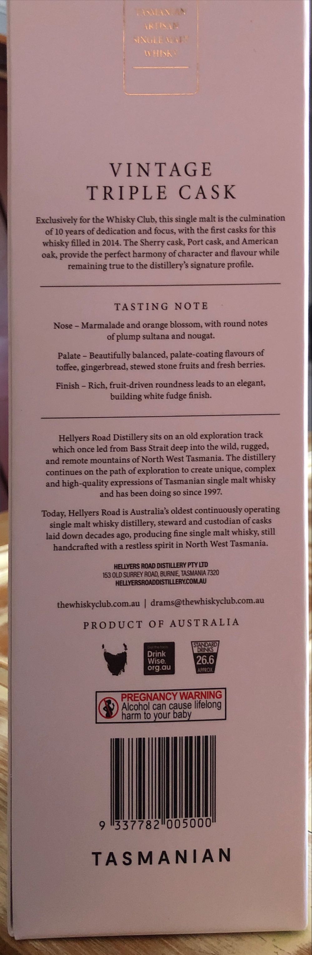 HELLYERS ROAD VINTAGE TRIPLE CASK - Hellyers Road Distillery (700 mL) alcohol collectible [Barcode 9337782005000] - Main Image 3
