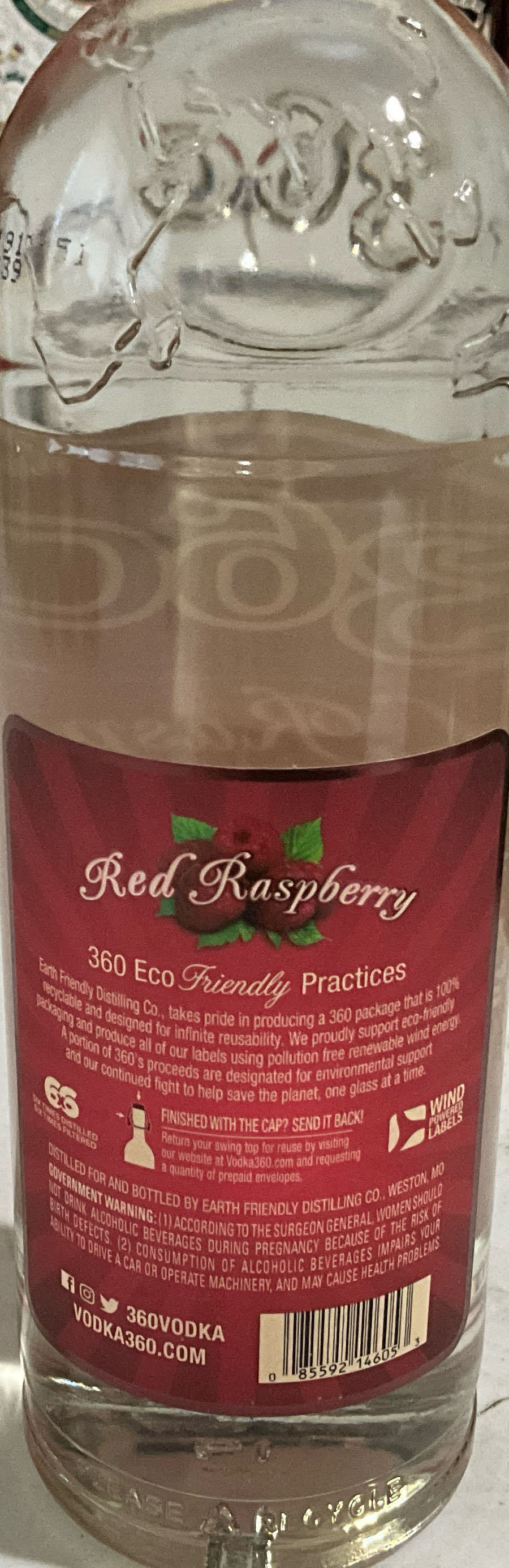 360 Red Raspberry Flavored Vodka - MO USA - Earth Friendly Distilling Co (750 mL) alcohol collectible [Barcode 085592146053] - Main Image 2