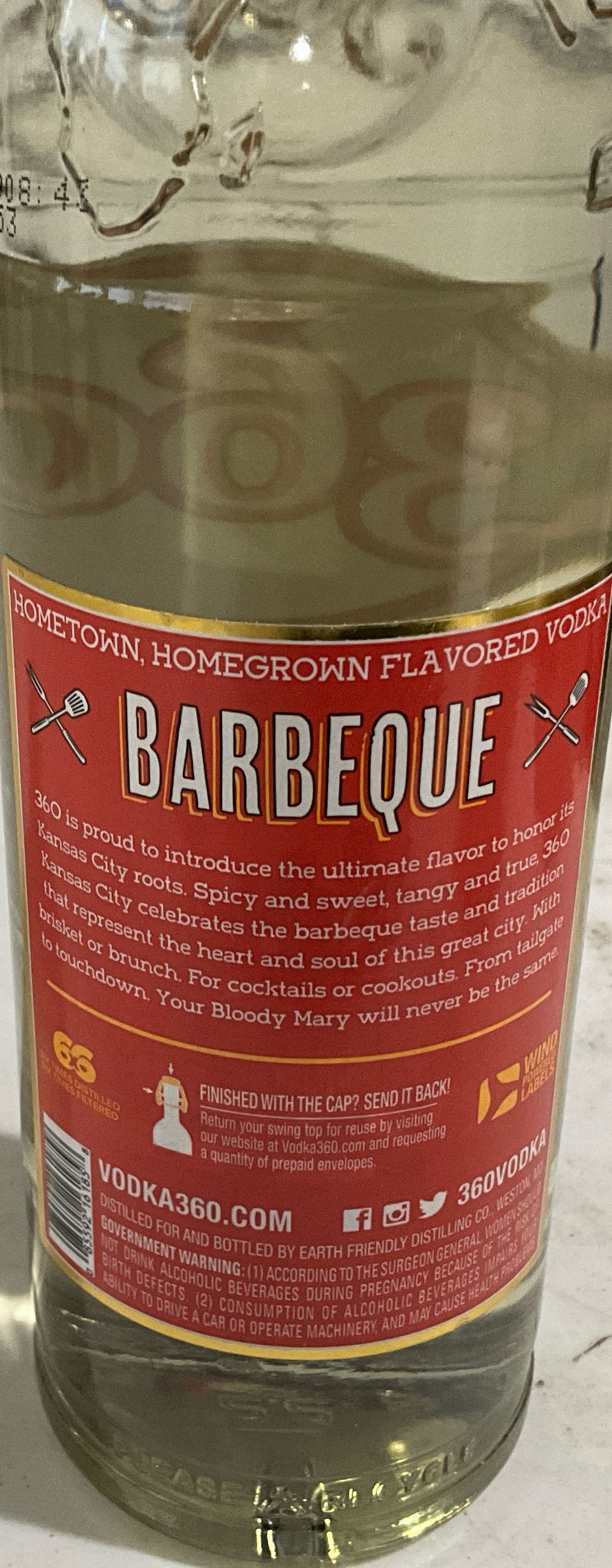 360 KC Barbeque Flavored Vodka - MO USA - Earth Friendly Distilling Co (750 mL) alcohol collectible [Barcode 085592161858] - Main Image 2
