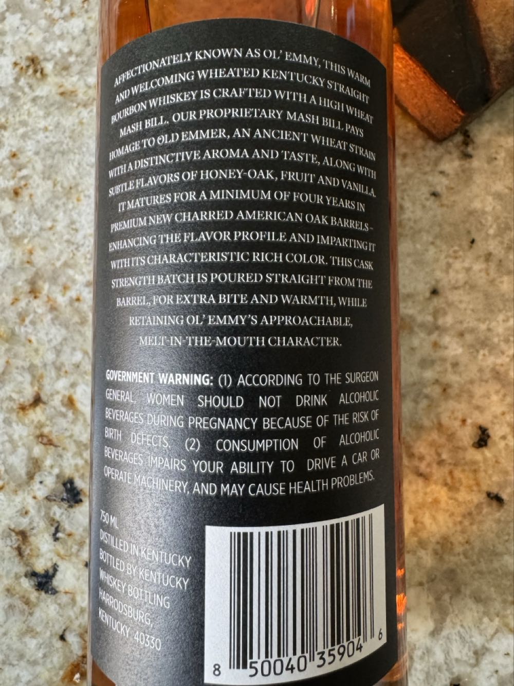 Old Emmer Cask Strength First Harvest - Bottled by Kentucky Whiskey Bottling (750 mL) alcohol collectible [Barcode 850040359046] - Main Image 2