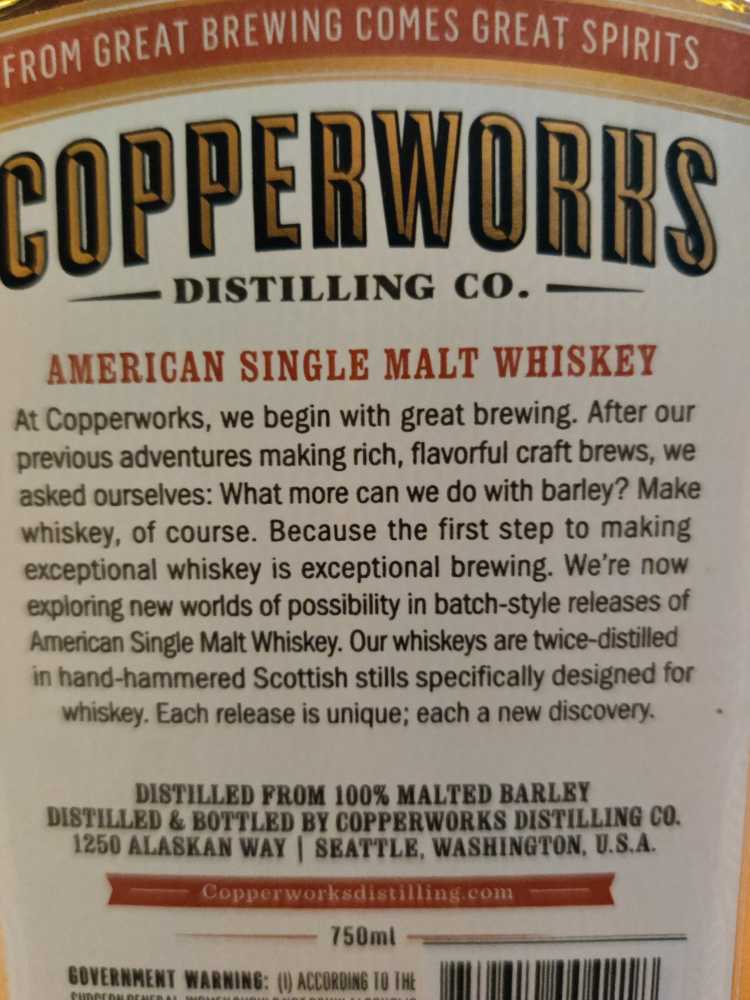 Release No. 34 - Copperworks Distilling Company (750 mL) alcohol collectible [Barcode 859610004218] - Main Image 2