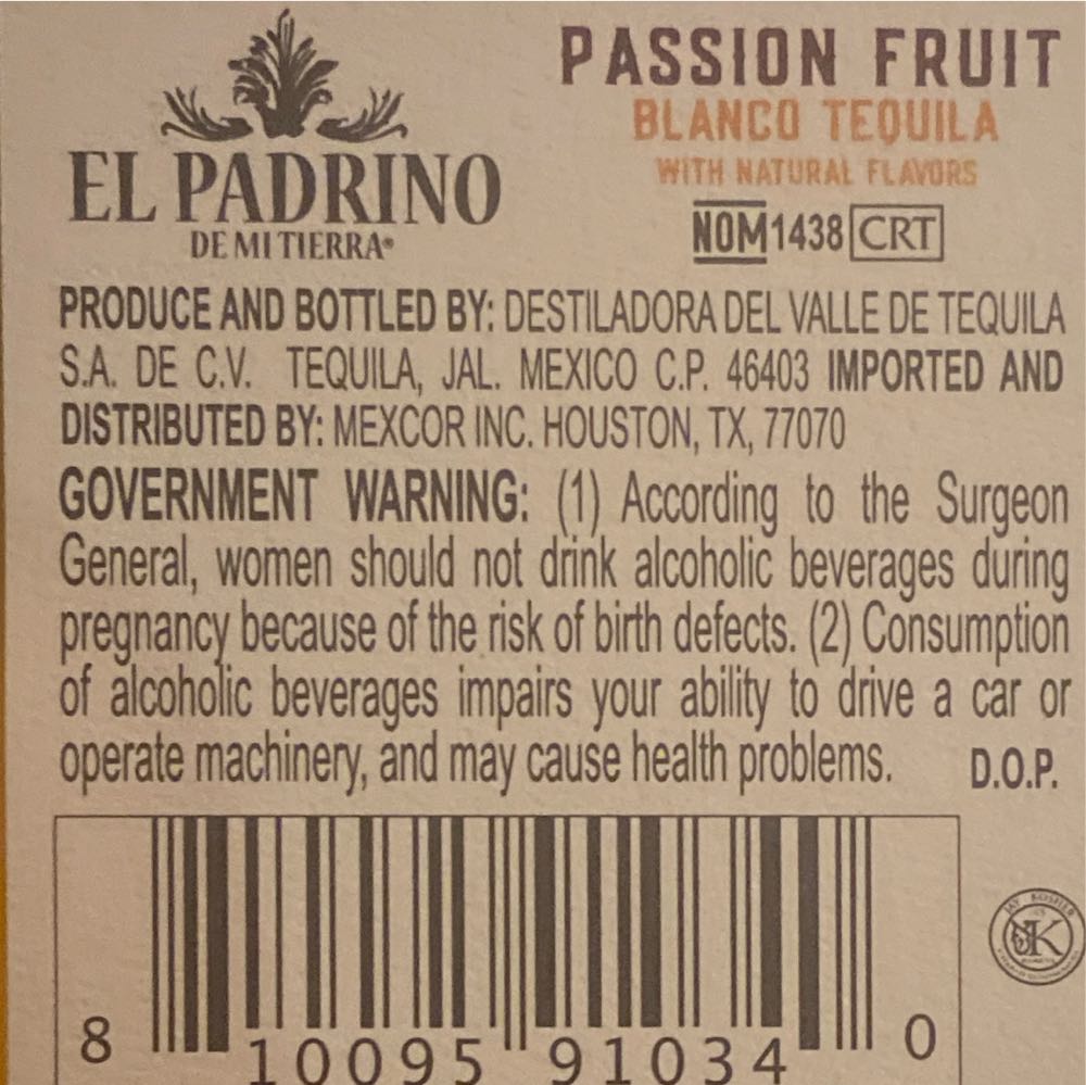 El Padrino De Mi Tierra Passion Fruit - Destiladora del Valle de Tequila (750 mL) alcohol collectible [Barcode 810095910340] - Main Image 2