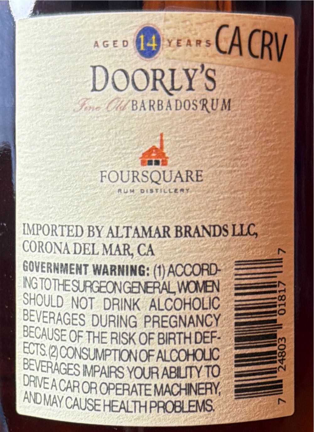Doorly’s Foursquare  - Foursquare Rum Distillery (750 mL) alcohol collectible [Barcode 724803018177] - Main Image 3