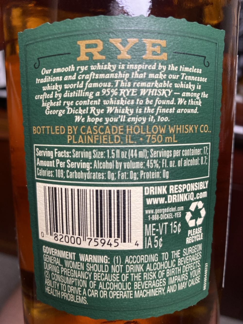 X-George Dickel Tennessee Rye - Cascade Hollow Distilling Co. alcohol collectible - Main Image 2