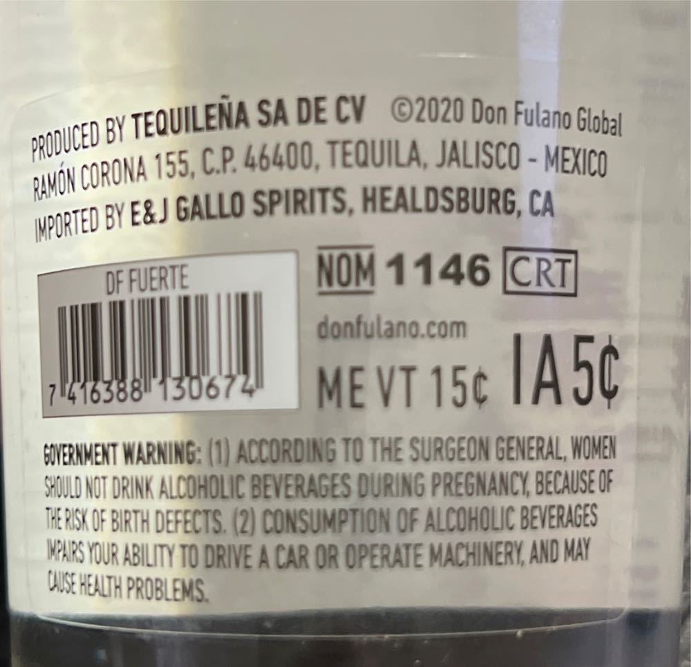 Don Fulano - Fuerte Blanco - NOM 1146 (750 mL) alcohol collectible [Barcode 7416388130674] - Main Image 3