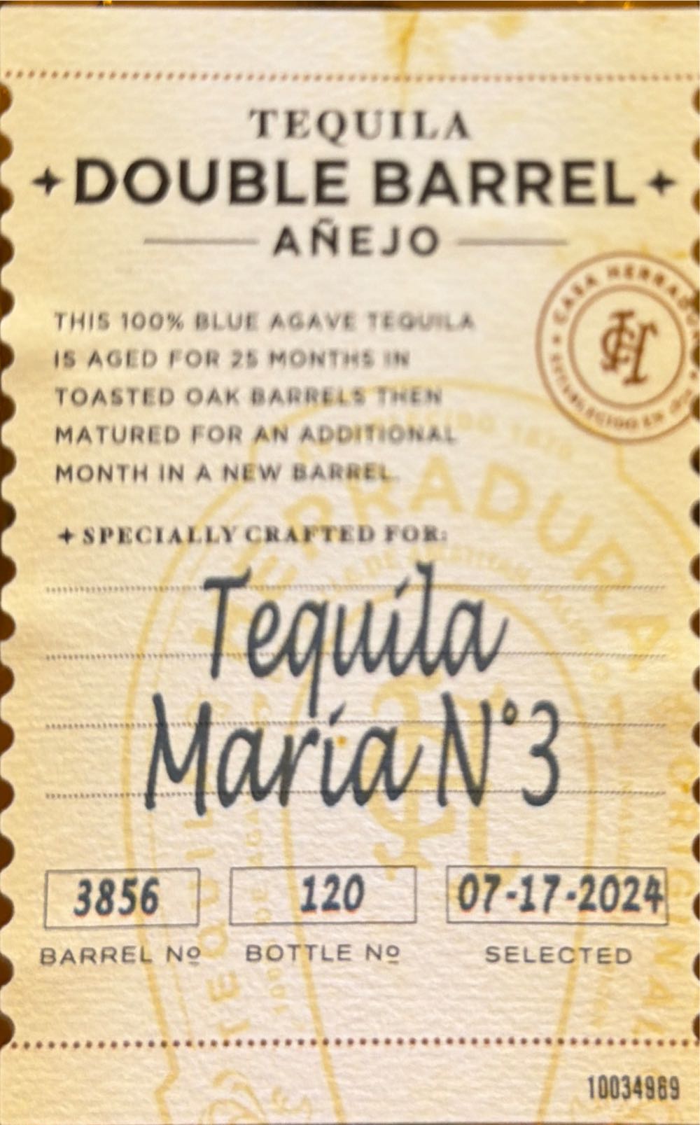 Herradura Double Barrel Private Pick Anejo Tequila - CASA HERRADURA, CAMINO A LA BARRANCA DEL TECUANE NO. 10 AMATTN, JALISCO, MEXICO. C.P. 45380 (750 mL) alcohol collectible [Barcode 744607005807] - Main Image 2