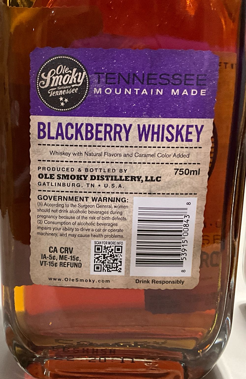 Ole Smoky Blackberry Whiskey - Ole Smokey Distillery (750 mL) alcohol collectible [Barcode 853915008438] - Main Image 2