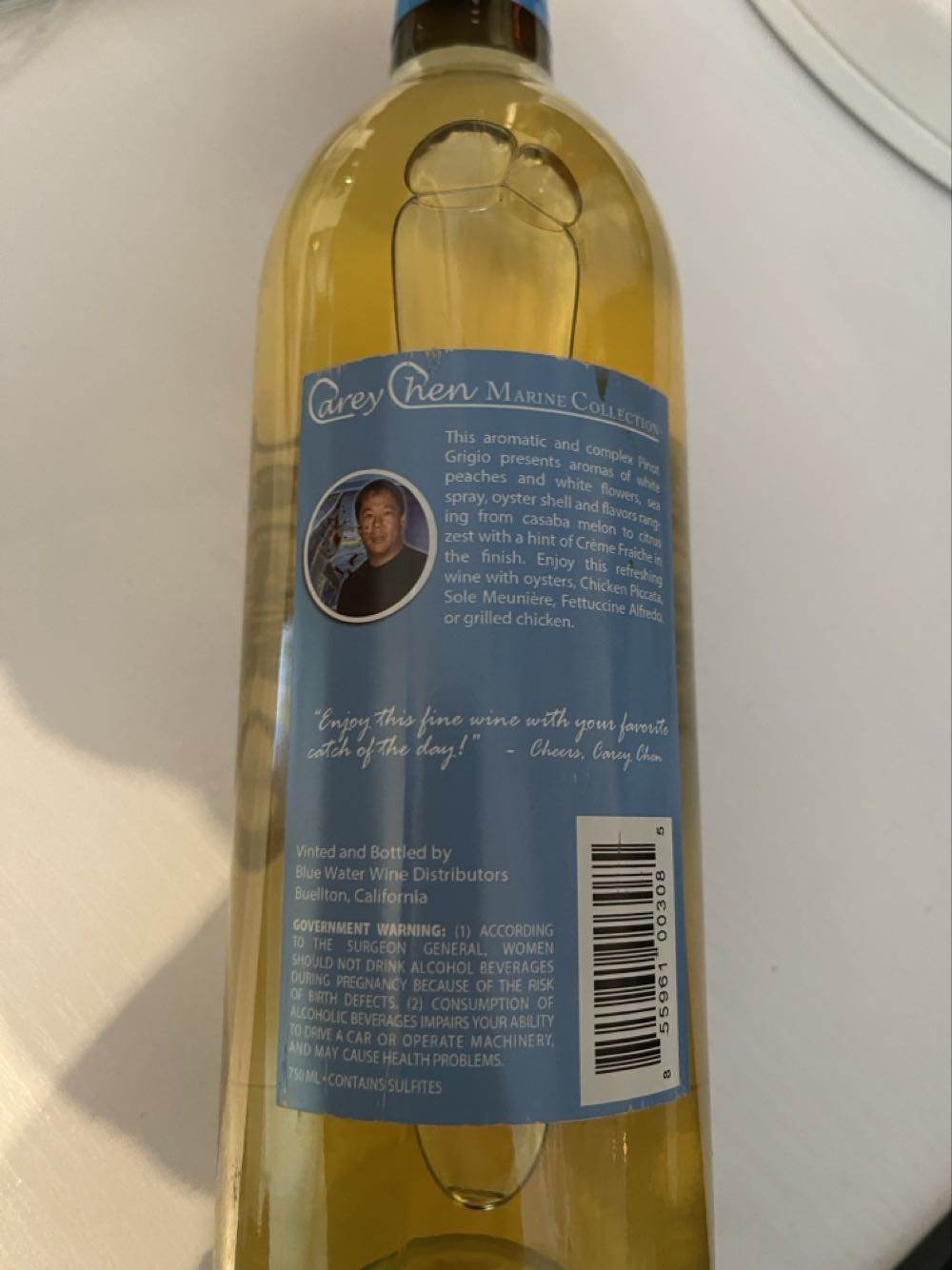 Wine, Pinot Grigio Carey Chen  (750 mL) alcohol collectible [Barcode 855961003085] - Main Image 2