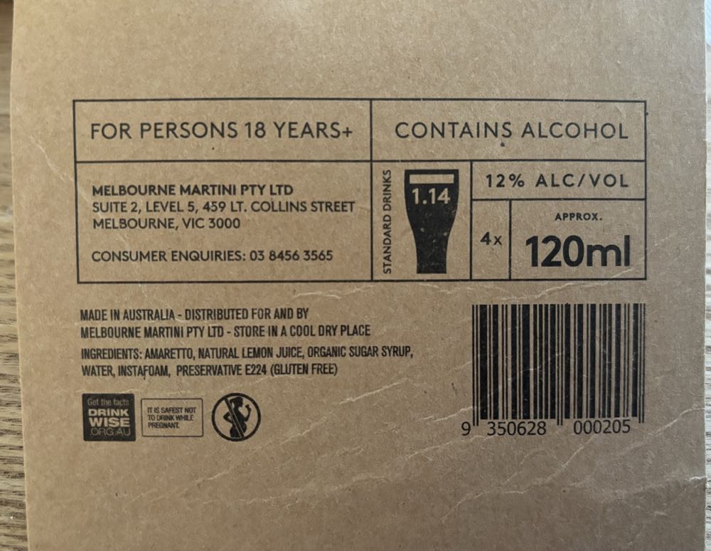 Melbourne Martini Amaretto Sour - Melbourne Martini (120 mL) alcohol collectible [Barcode 9350628000205] - Main Image 4