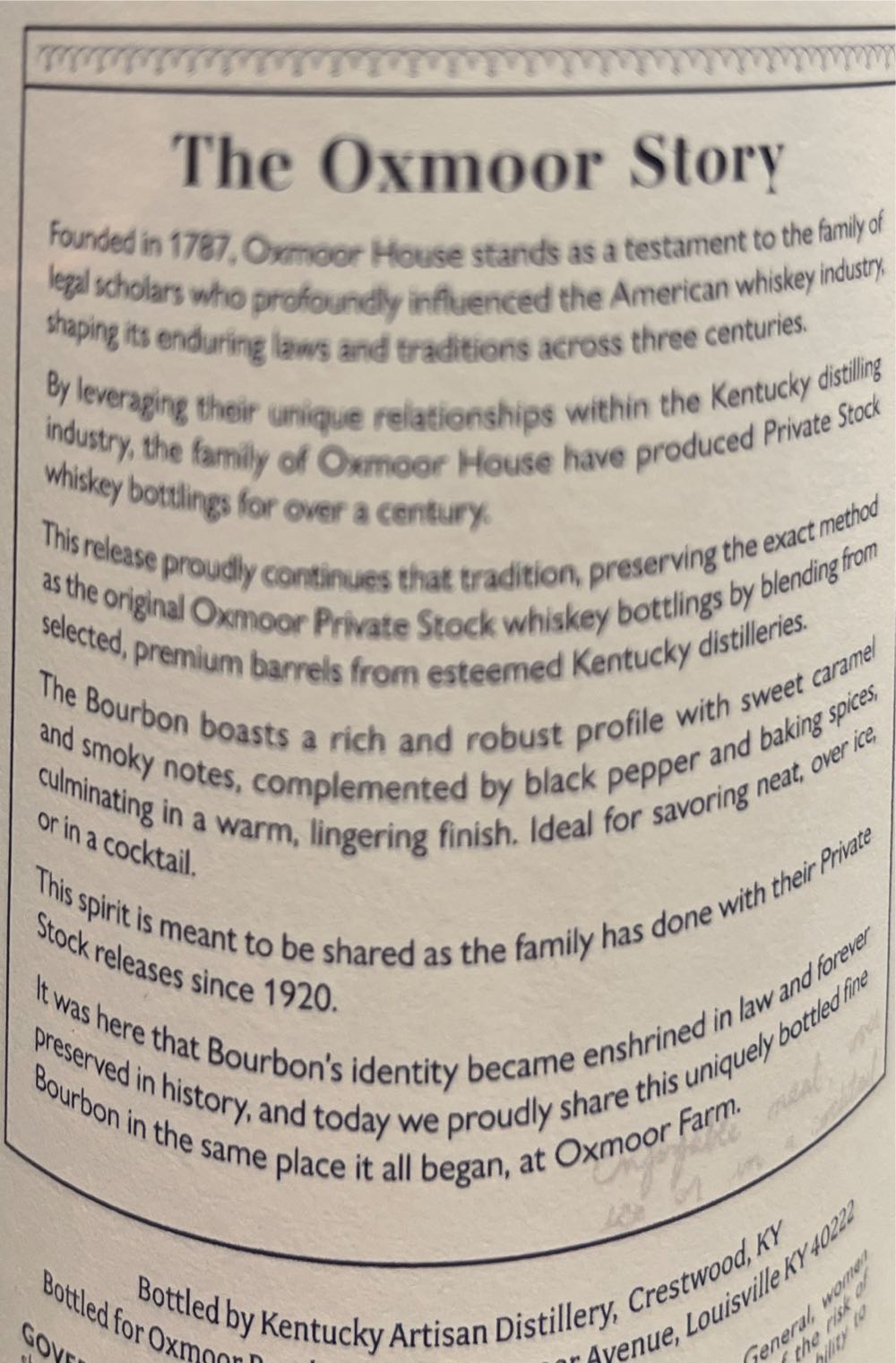 Oxmoor Bourbon - Kentucky Artisan Distillery (750 mL) alcohol collectible - Main Image 3