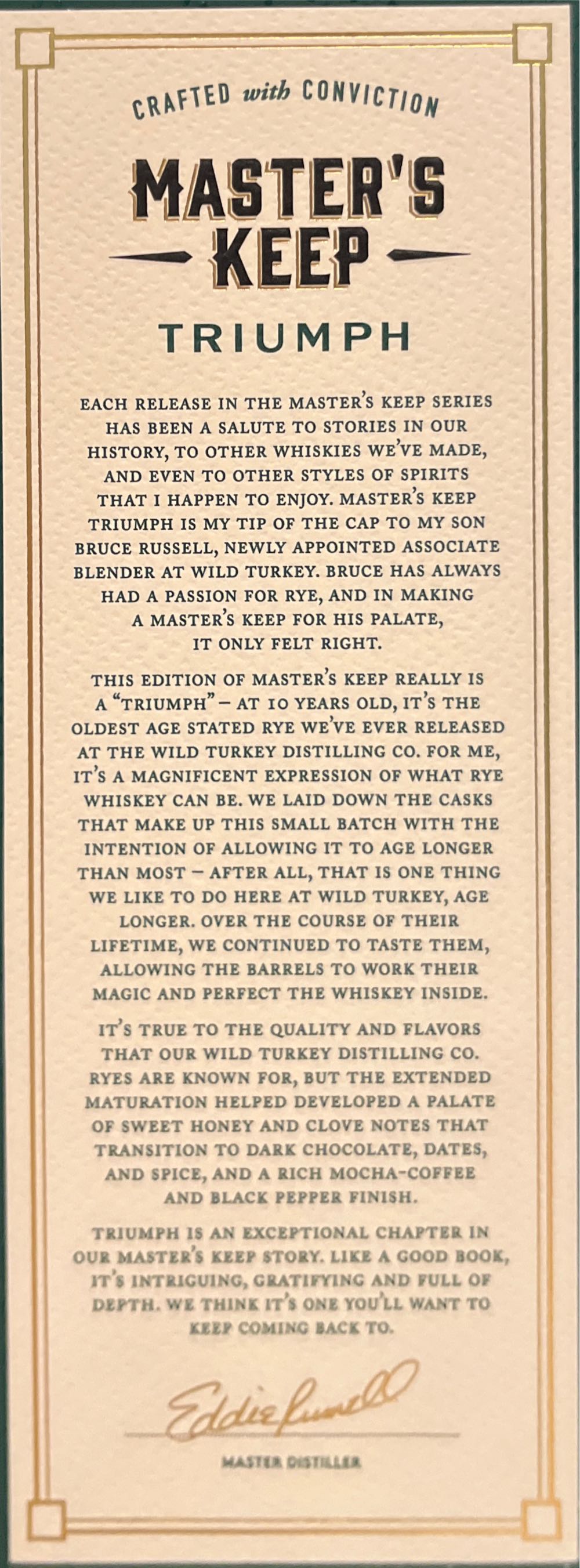 Wild Turkey Master’s Keep Triumph Rye 10yr Whiskey - Wild Turkey Distilling Co. (750 mL) alcohol collectible [Barcode 721059003537] - Main Image 4
