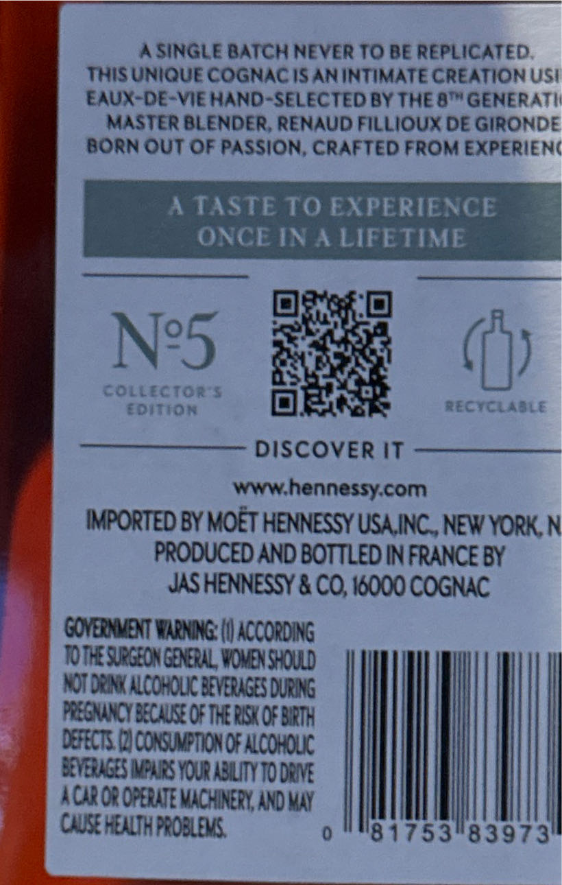 Hennessy Master Blender’s Selection No. 5 Cognac 750ml No Blenders Liquor - Jas Hennessy & Co. (750 mL) alcohol collectible [Barcode 081753839734] - Main Image 2