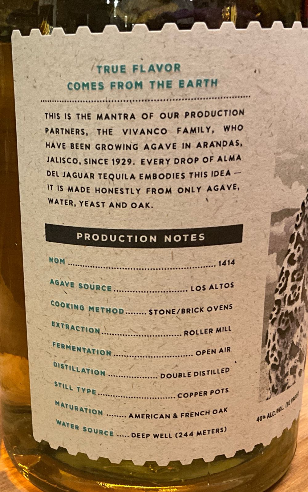 Alma Del Jaguar Reposado Tequila - Nom1414 (750 mL) alcohol collectible [Barcode 660457640862] - Main Image 2
