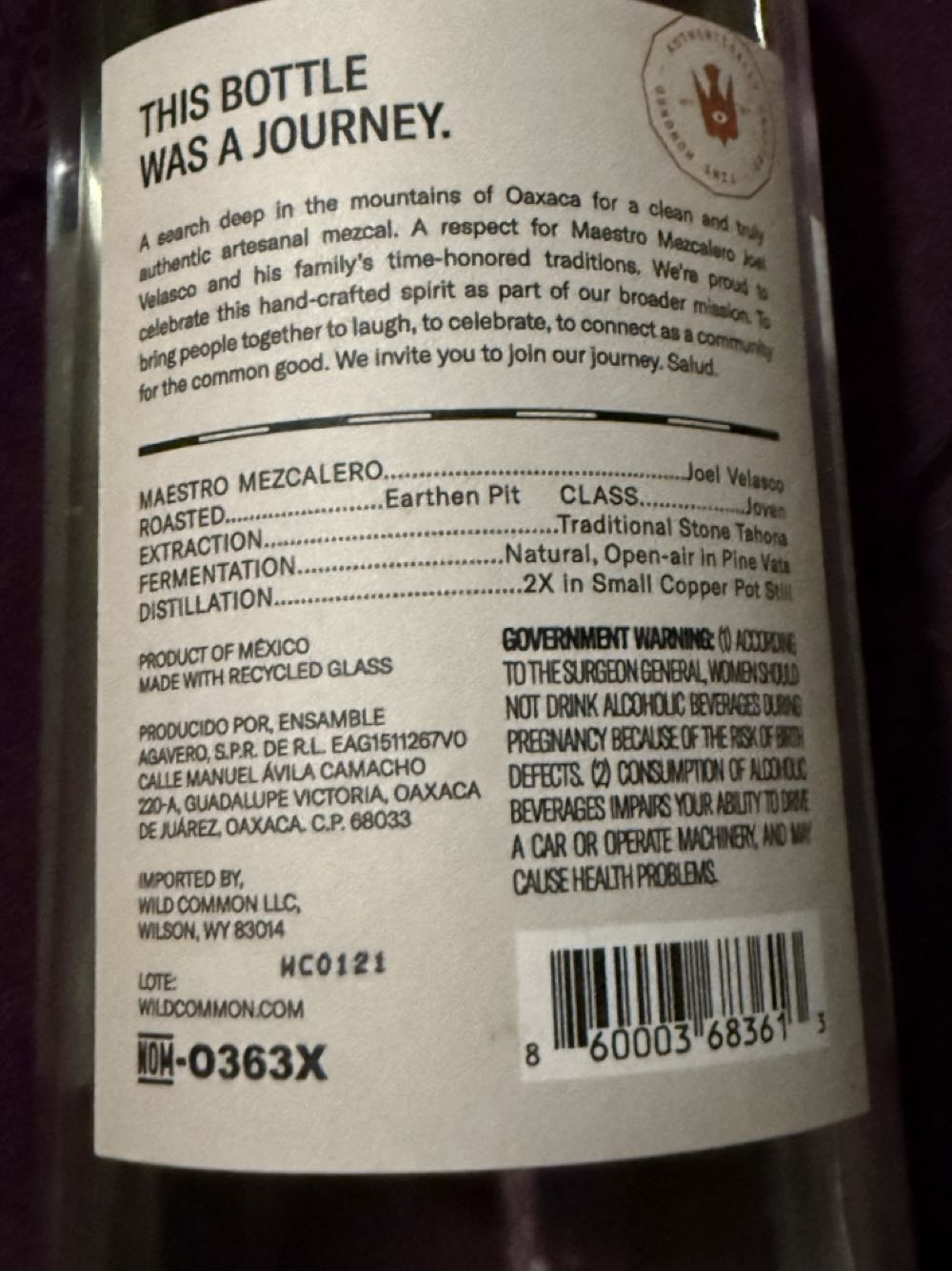 Wild Common Artesanal Ensamble 92 Proof - NOM-0363X (750 mL) alcohol collectible [Barcode 860003683613] - Main Image 2