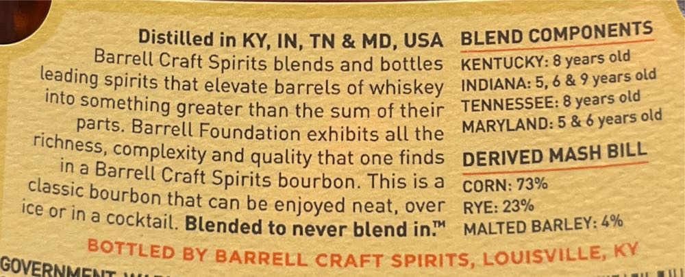 Barrell Bourbon Foundation 5 Year Old - Barrell Craft Spirits (750 mL) alcohol collectible [Barcode 850053456084] - Main Image 2