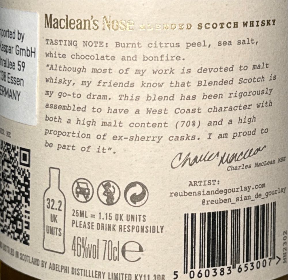 Maclean’s Nose - Adelphi (700 mL) alcohol collectible [Barcode 5060383653007] - Main Image 2