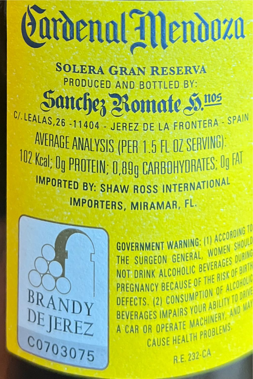 Cardenal Mendoza Brandy 750ml Gran Reserva Solera De Jerez 750 Ml  (750 mL) alcohol collectible [Barcode 088320560008] - Main Image 2