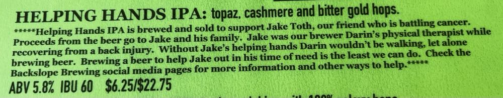 Back Slope Helping Hands IPA - Back Slope Brewing, Columbia Falls alcohol collectible - Main Image 2