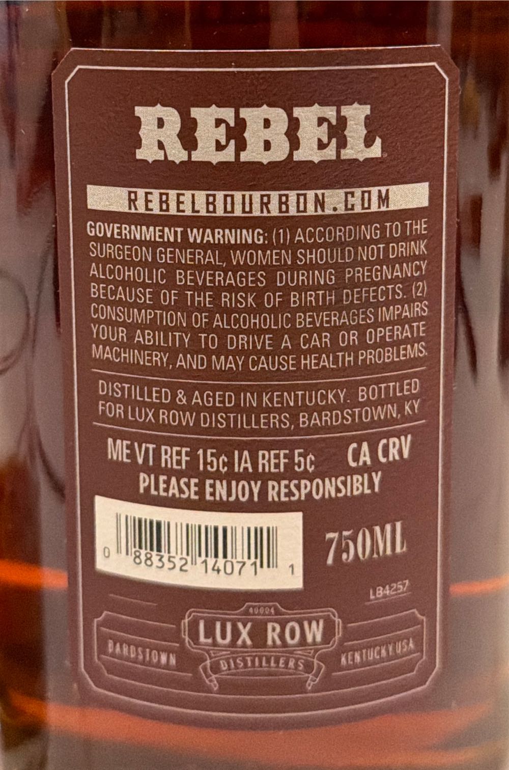 Rebel Full Proof Single Barrel - Lux Row Distillers (750 mL) alcohol collectible [Barcode 088352140711] - Main Image 2
