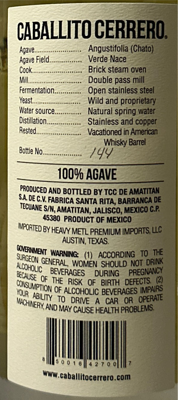 Caballito Cerrero Chato Reposado 46 - Caballito Cerrero (750 mL) alcohol collectible [Barcode 850016427007] - Main Image 2