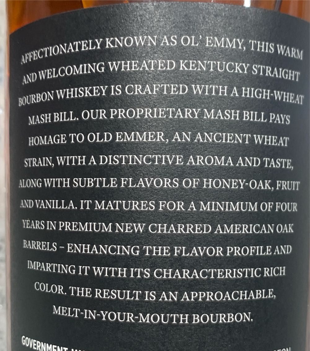 Old Emmer Finest Wheat Bourbon Small Batch - Bottled by Kentucky Whiskey Bottling (750 mL) alcohol collectible [Barcode 850040359039] - Main Image 2