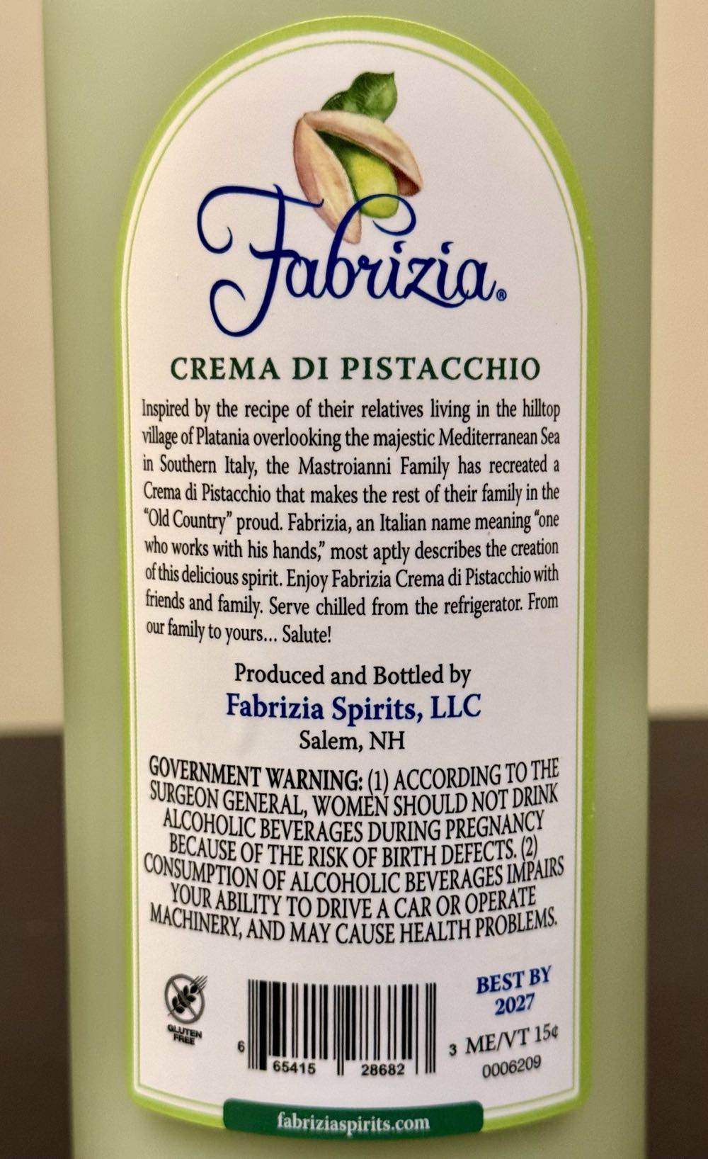 Fabrizia Pistachio Cream Liqueur - Fabrizia Spitits, LLC (750 mL) alcohol collectible [Barcode 665415286823] - Main Image 2