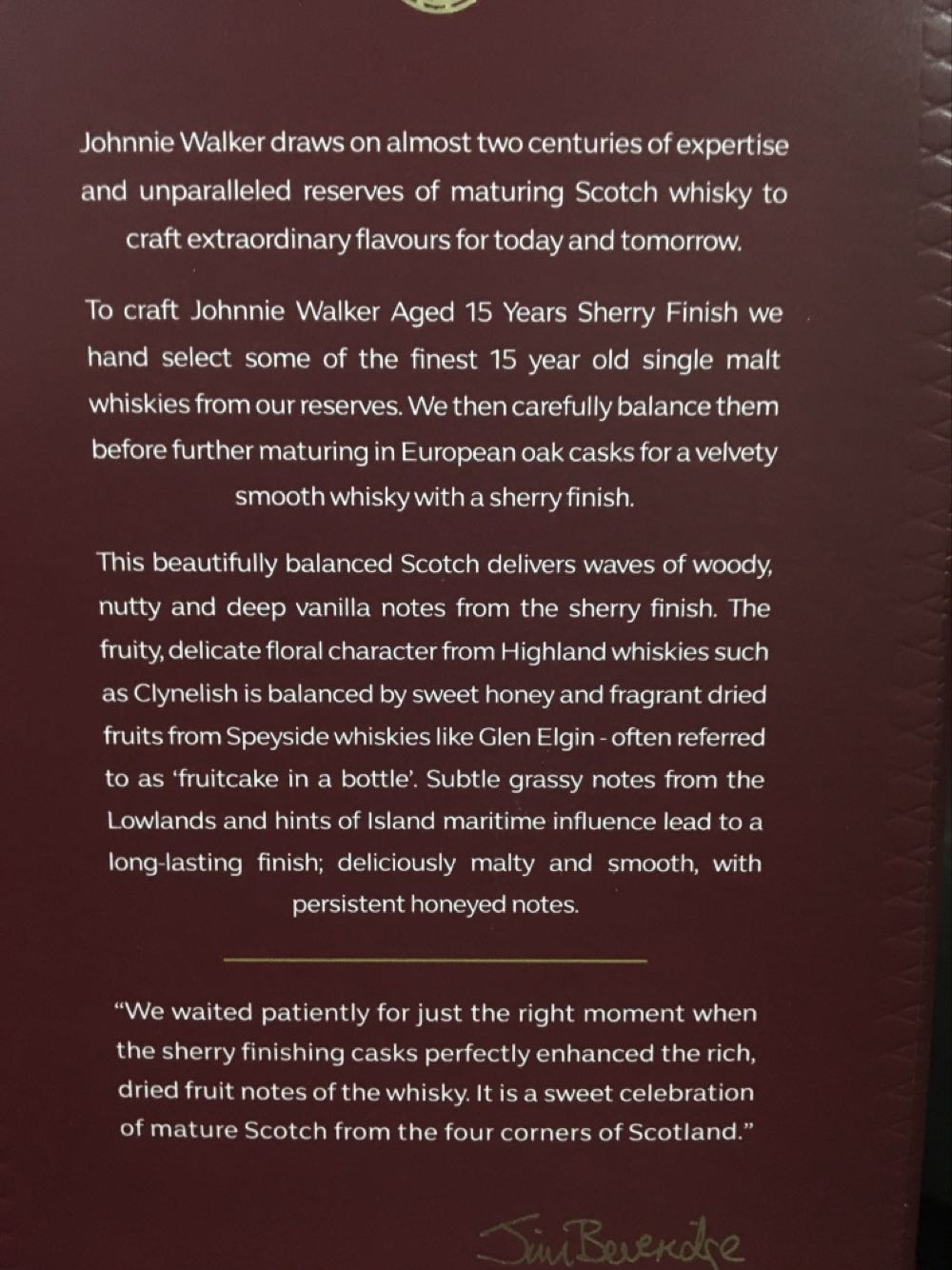 Johnnie Walker 15 Year Old Sherry Finish Blended Scotch  (700 mL) alcohol collectible [Barcode 5000267177960] - Main Image 4