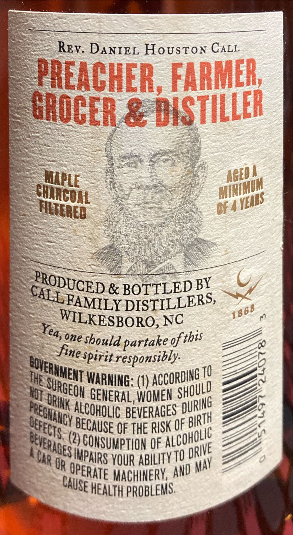 Reverend Sour Mash Whiskey - Call Family Distillers (750 mL) alcohol collectible [Barcode 051497240783] - Main Image 2