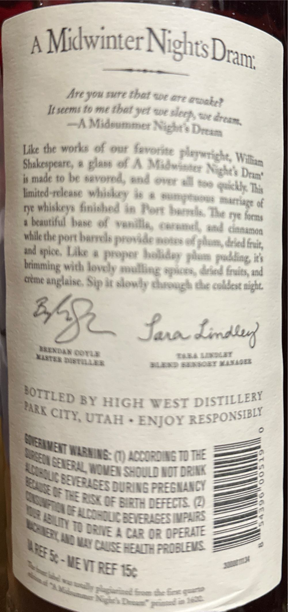 High West Midwinter Night’s Dram Act 11 Scene 12 - High West Distillery, Wanship, UT (750 mL) alcohol collectible [Barcode 854396005190] - Main Image 3