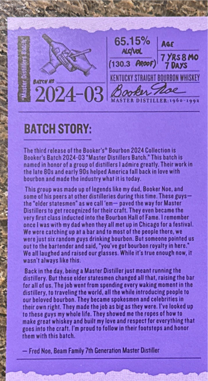 Booker’s Small Batch Bourbon Collection 2024-03 - James B. Beam Distilling Co, Frankfort, KY (750 mL) alcohol collectible [Barcode 080686011408] - Main Image 3