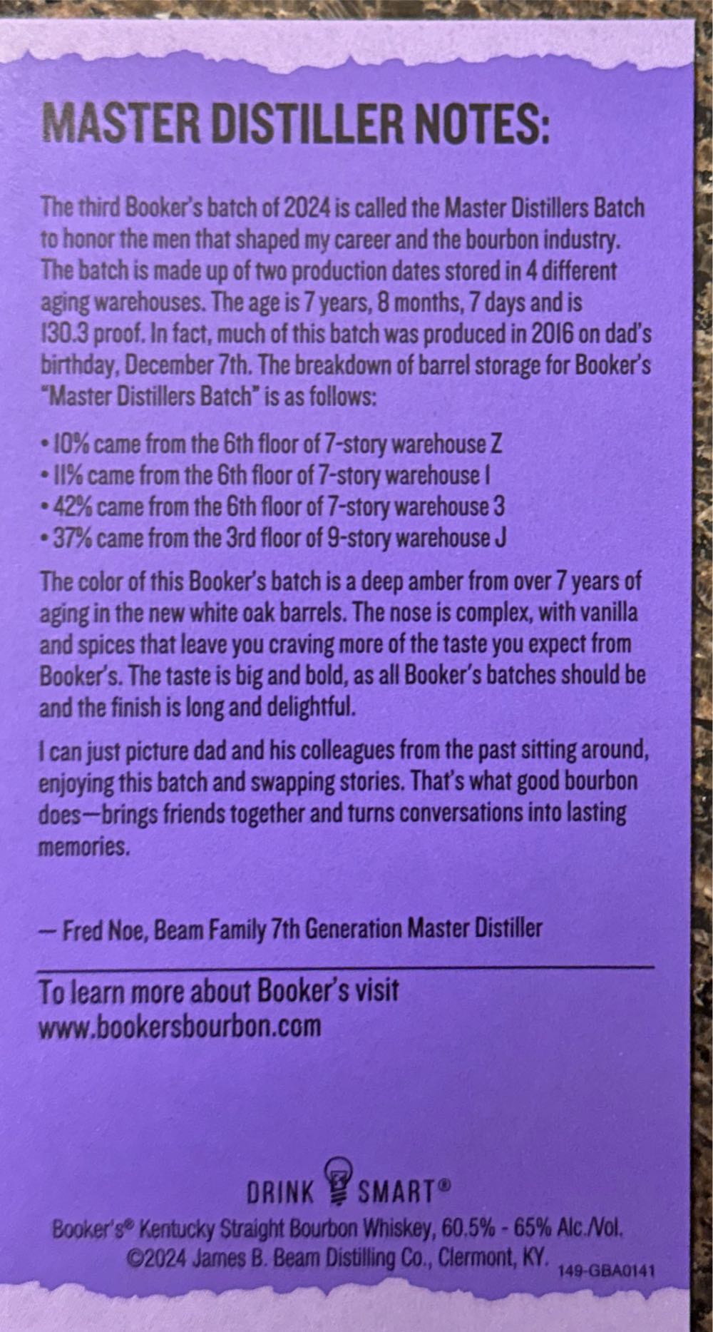 Booker’s Small Batch Bourbon Collection 2024-03 - James B. Beam Distilling Co, Frankfort, KY (750 mL) alcohol collectible [Barcode 080686011408] - Main Image 4