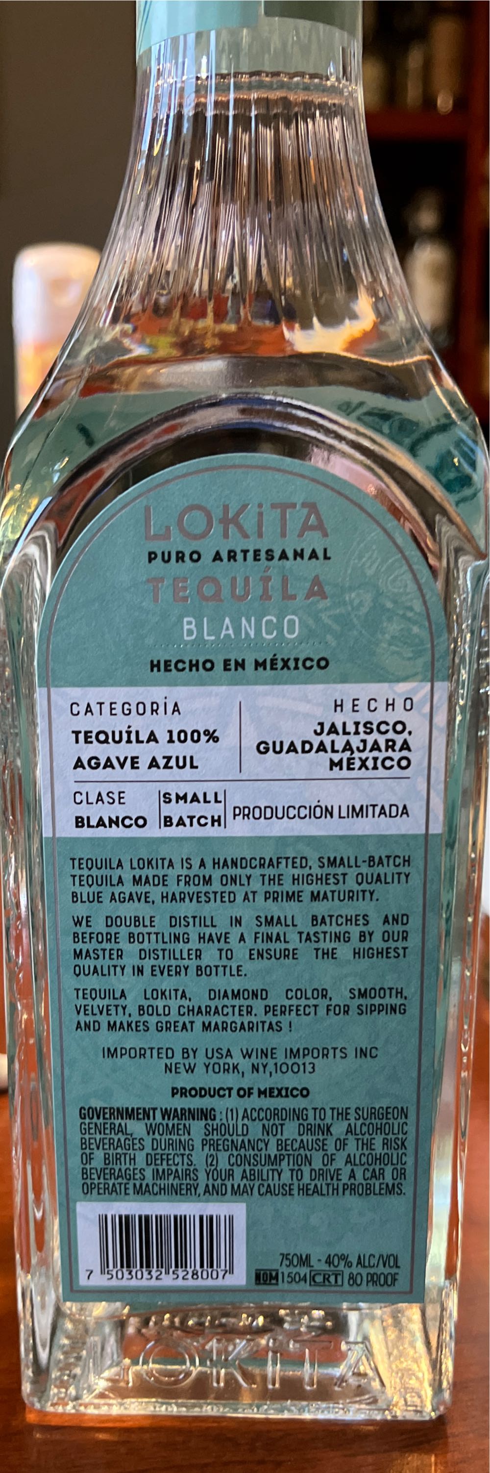 Tequila Lokita Tequila Blanco Tequila 40% Artesanal Puro Vol. 07l 100% 750ml Spirits - NOM 1504 (750 mL) alcohol collectible [Barcode 7503032528007] - Main Image 3