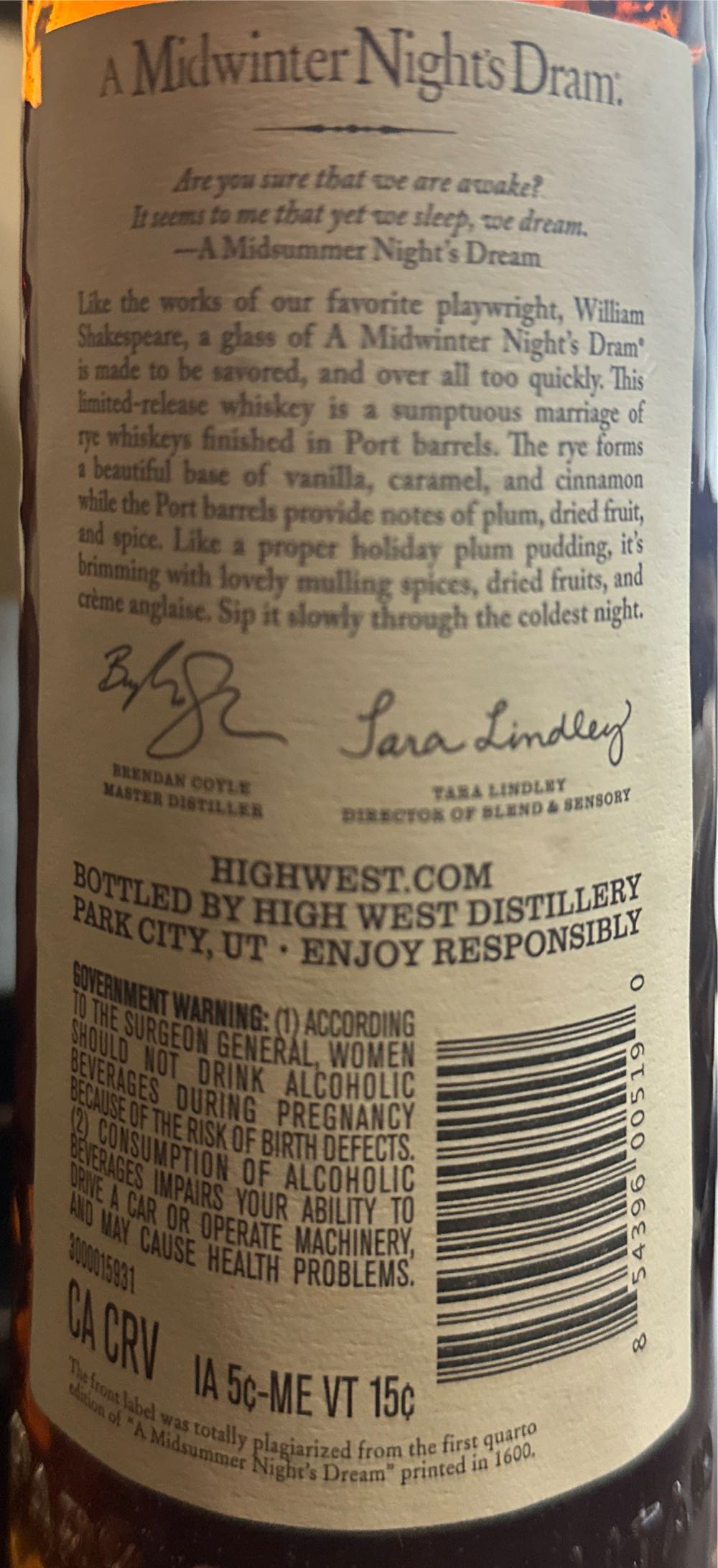 High West Midwinter Night’s Dram Act 12 Scene 4 - High West Distillery (750 mL) alcohol collectible [Barcode 854396005190] - Main Image 3