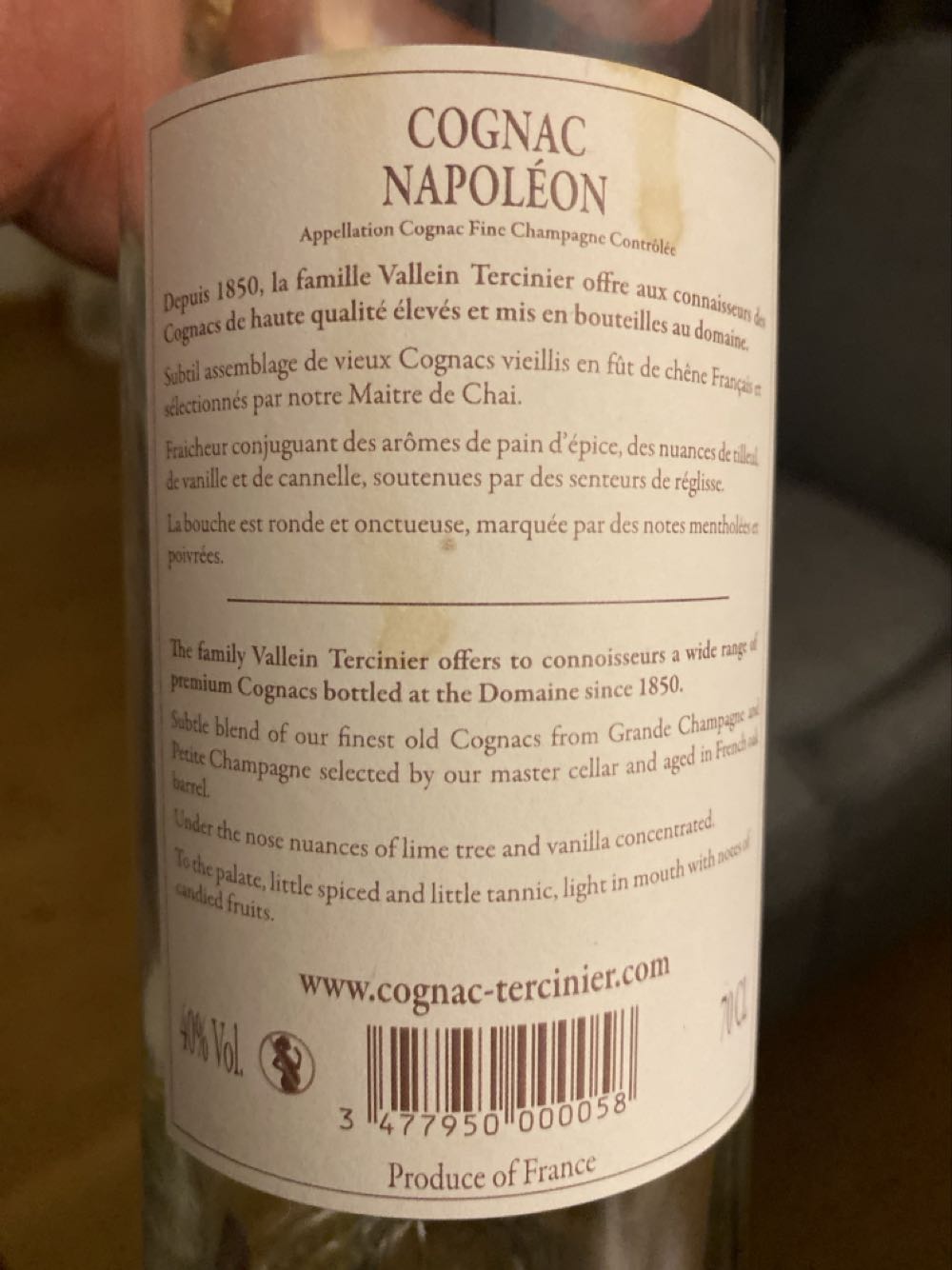 Z-Reserve Cognac Vallein Tercinier Napoleon Vieille Reserve Fine - Famille Vallein Tercinier alcohol collectible [Barcode 3477950000058] - Main Image 2