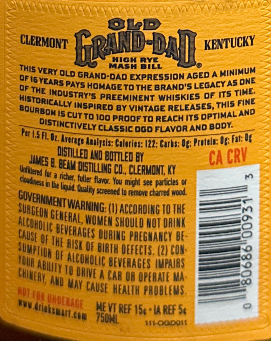 Old Grand Dad 16 Year Bourbon Straight Whiskey Kentucky - Jim B.Beam Distilling Co. (750 mL) alcohol collectible [Barcode 080686009313] - Main Image 2