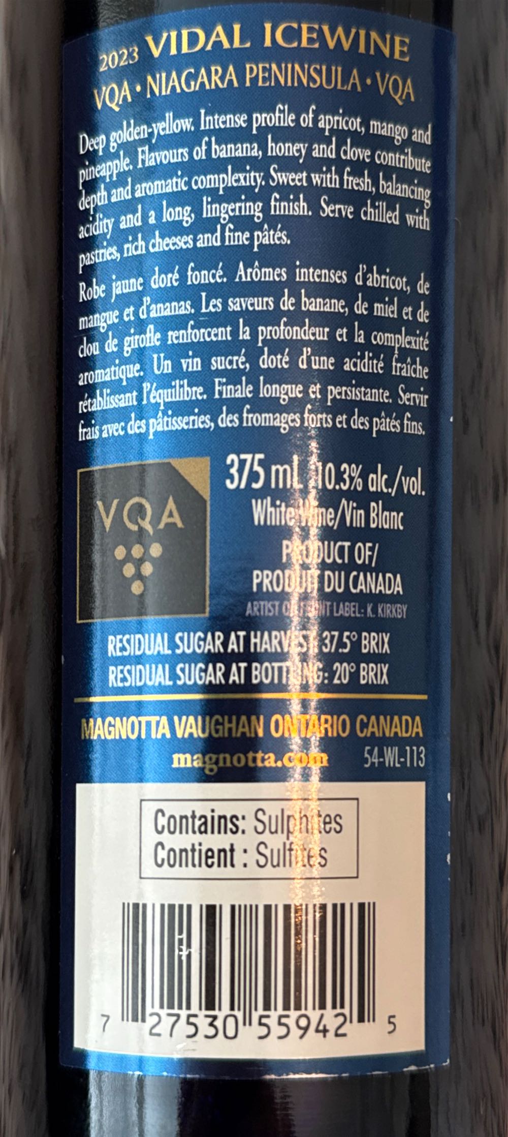Magnotta Vidal Icewine Limited Edition VQA - Magnotta Winery (357 mL) alcohol collectible [Barcode 727530559425] - Main Image 4
