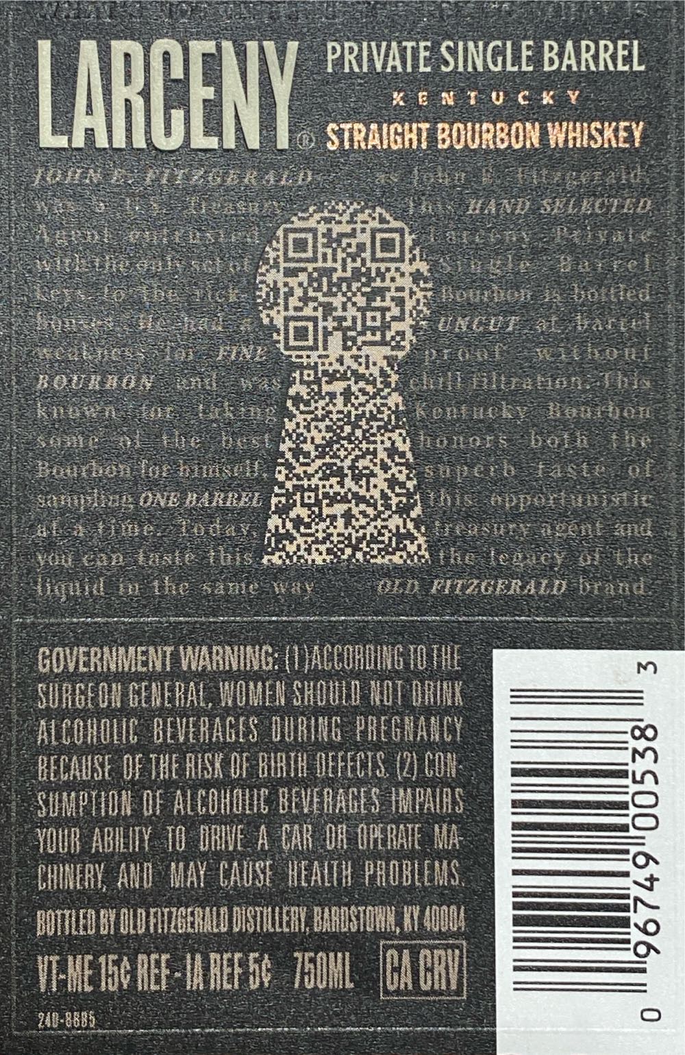 Larceny Barrel Proof Barrel - Heaven Hill Distilleries Ltd (750 mL) alcohol collectible [Barcode 096749005383] - Main Image 2